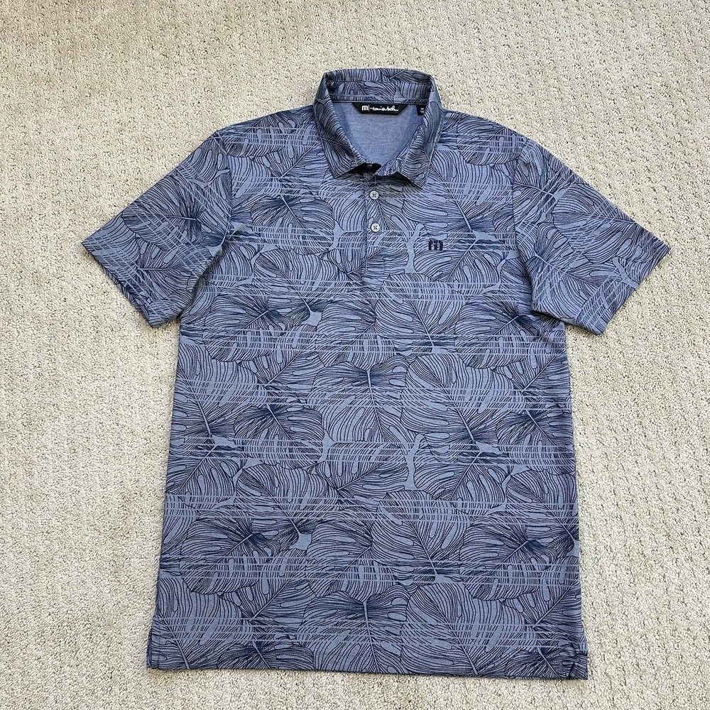 Travis Mathew Dolphin Dive Golf Polo Shirt Mens Medium Blue Floral Short Sleeve